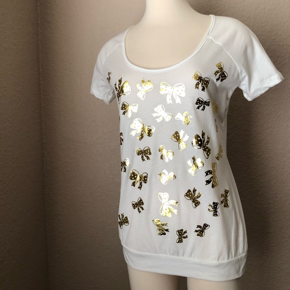 NEW Gold Foil Polka Dot Bow Print White Blouse